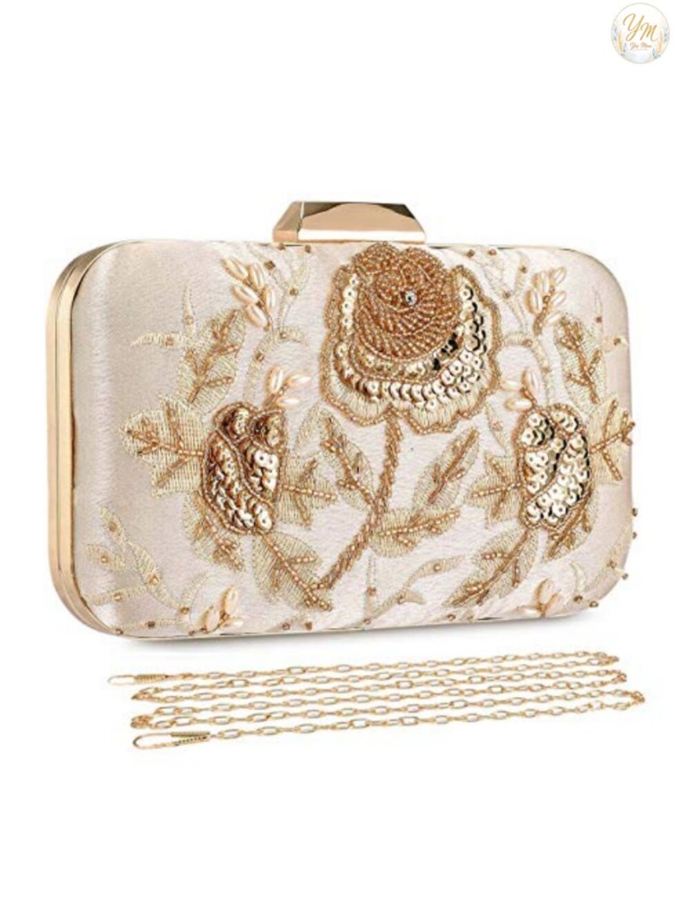 Embroidered Sequin Beaded Clutch Evening Bag with Chains